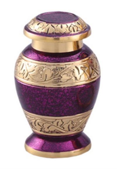 purple and gold colored brass keepsake cremation urn